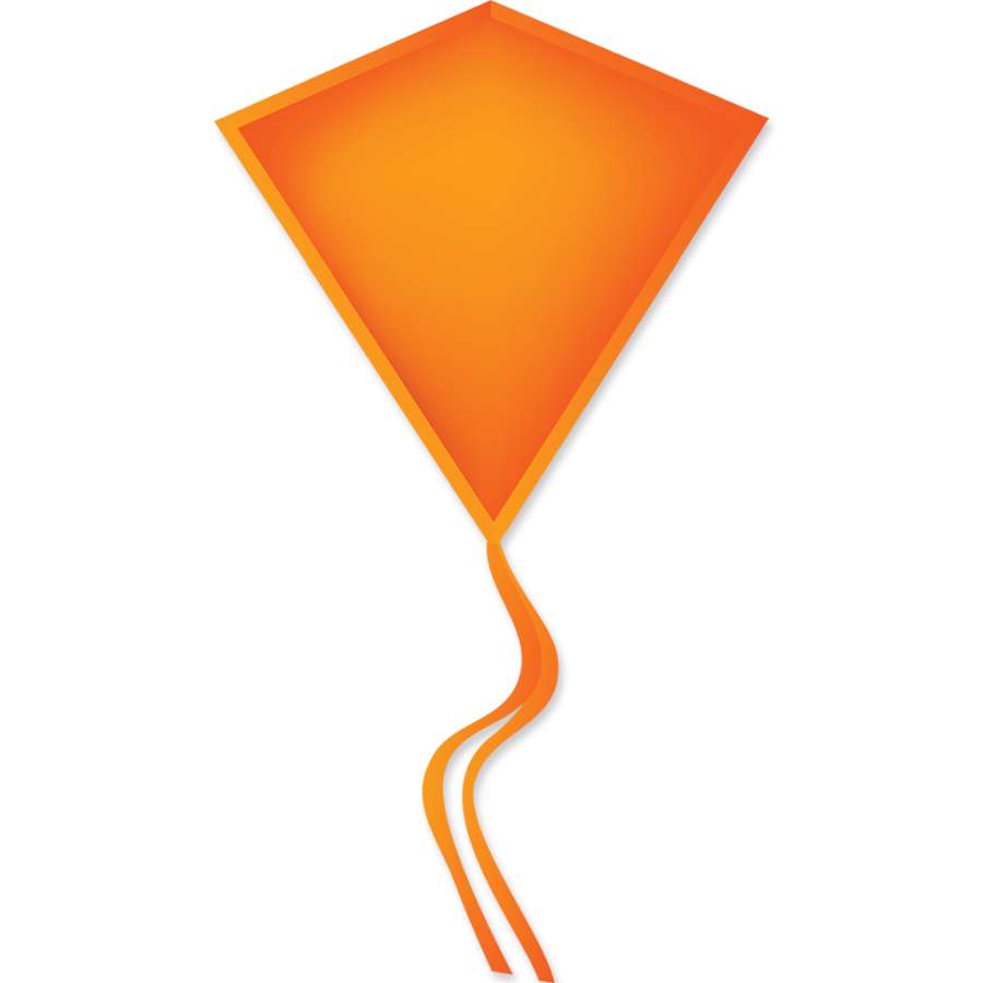 30 In. Diamond kite in Neon Orange soaring against a clear blue sky, showcasing its rip-stop fabric and fiberglass frame.