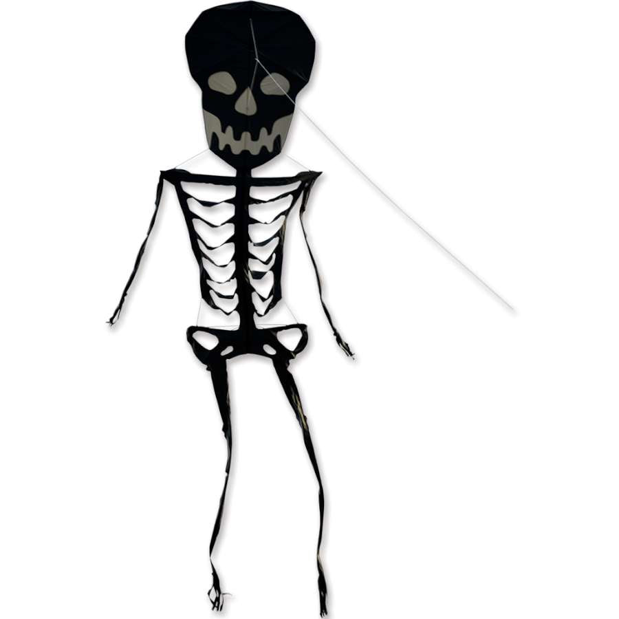 31 ft. Black Skeleton Kite soaring in the sky, showcasing a spooky skeleton design and glowing effect when illuminated.