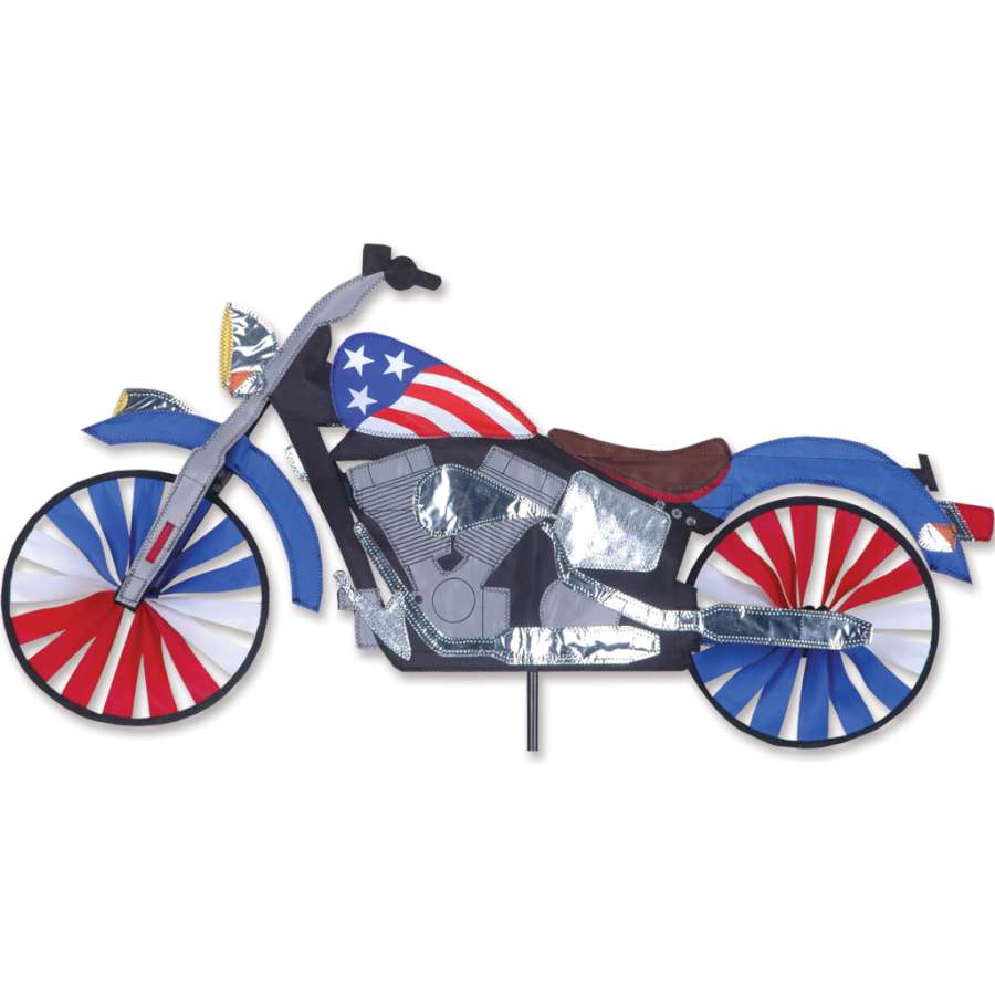 32 in. Motorcycle Spinner in vibrant colors displayed in an outdoor garden setting, showcasing its intricate design and spinning motion.