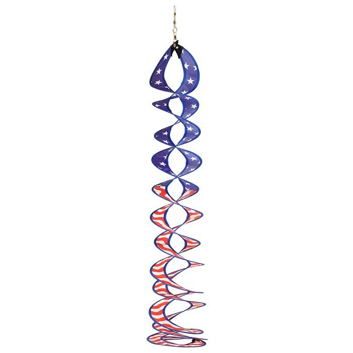 32-inch Stars & Stripes Curlie Duet featuring a double helix design, spinning in the breeze, showcasing red, white, and blue colors.