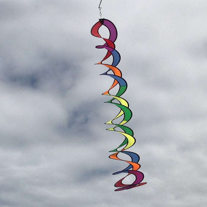 The 32" Rainbow Curlie Duet features a vibrant double helix design that spins in the breeze, created with durable ripstop fabric and a sturdy frame for long-lasting outdoor use.