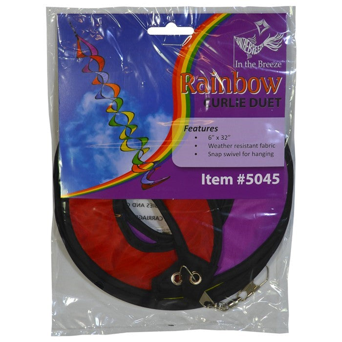 The 32" Rainbow Curlie Duet features a vibrant double helix design that spins in the breeze, created with durable ripstop fabric and a sturdy frame for long-lasting outdoor use.