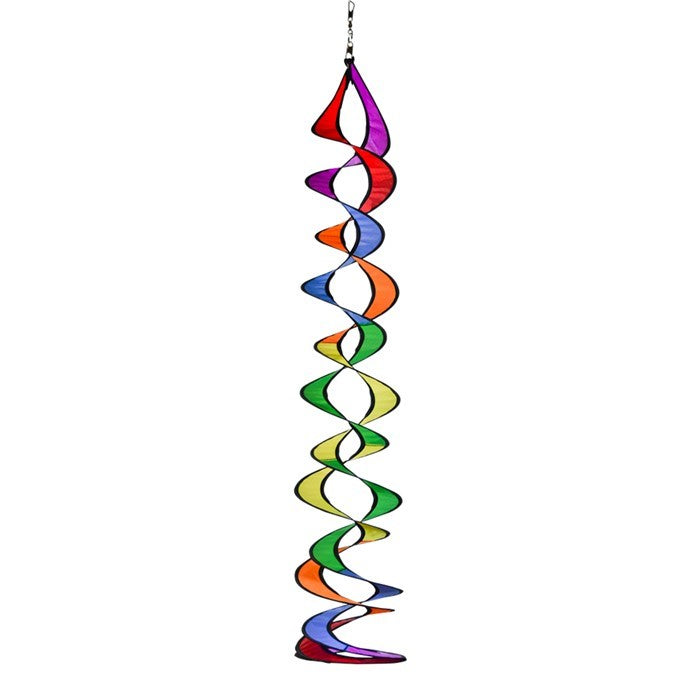 The 32" Rainbow Curlie Duet features a vibrant double helix design that spins in the breeze, created with durable ripstop fabric and a sturdy frame for long-lasting outdoor use.