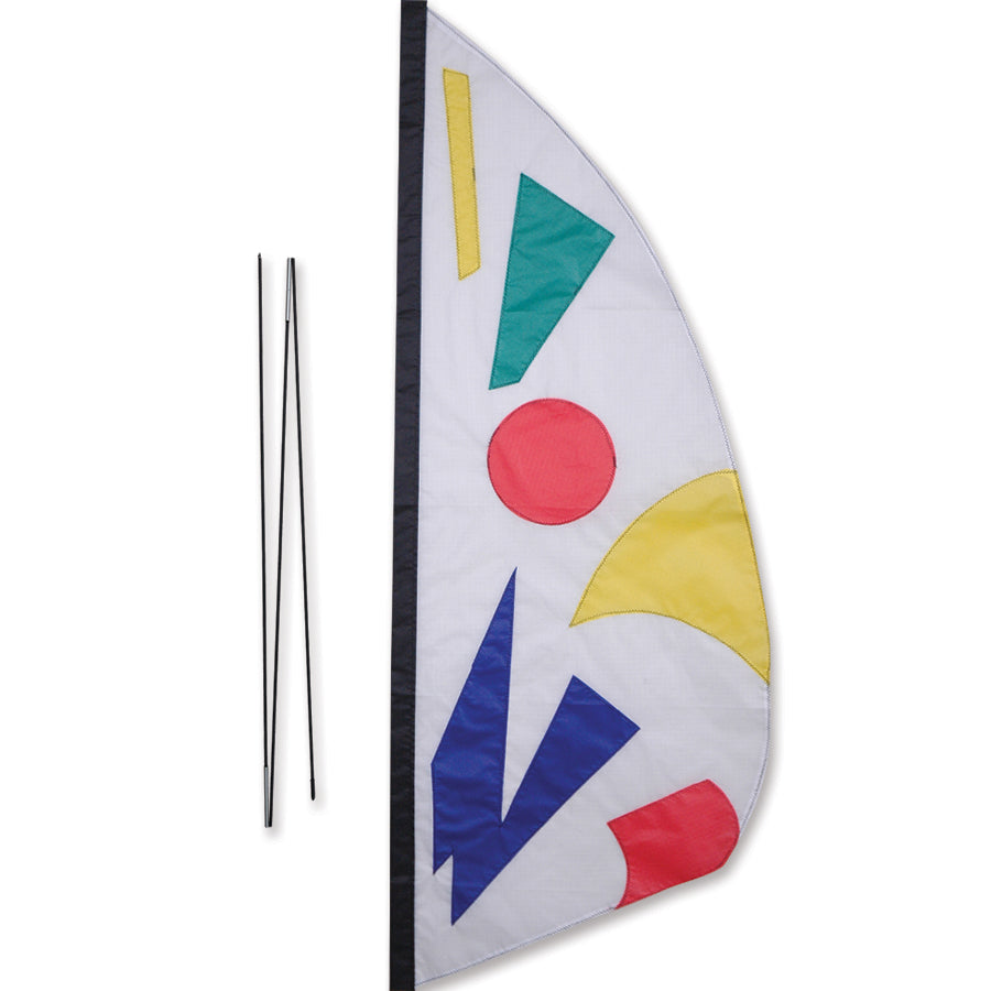 3.5 ft. Recumbent Bike Feather Banner - Rainbow Jazz displayed on a bike, showcasing its vibrant stained-glass colors under sunlight.