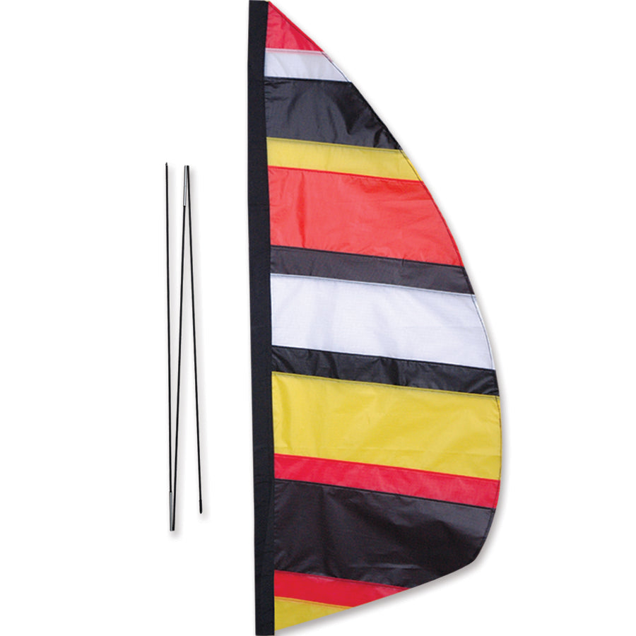 3.5 ft. Recumbent Bike Feather Banner made from ripstop nylon, featuring a vibrant stained-glass effect, displayed on a recumbent bike against a sunny backdrop.