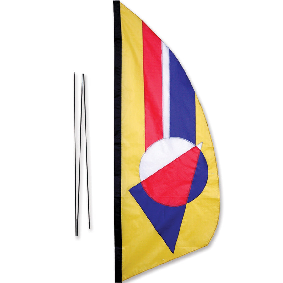 3.5 ft. Recumbent Bike Feather Banner in vibrant stained-glass design mounted on a pole, showcasing its visibility and eye-catching appearance.