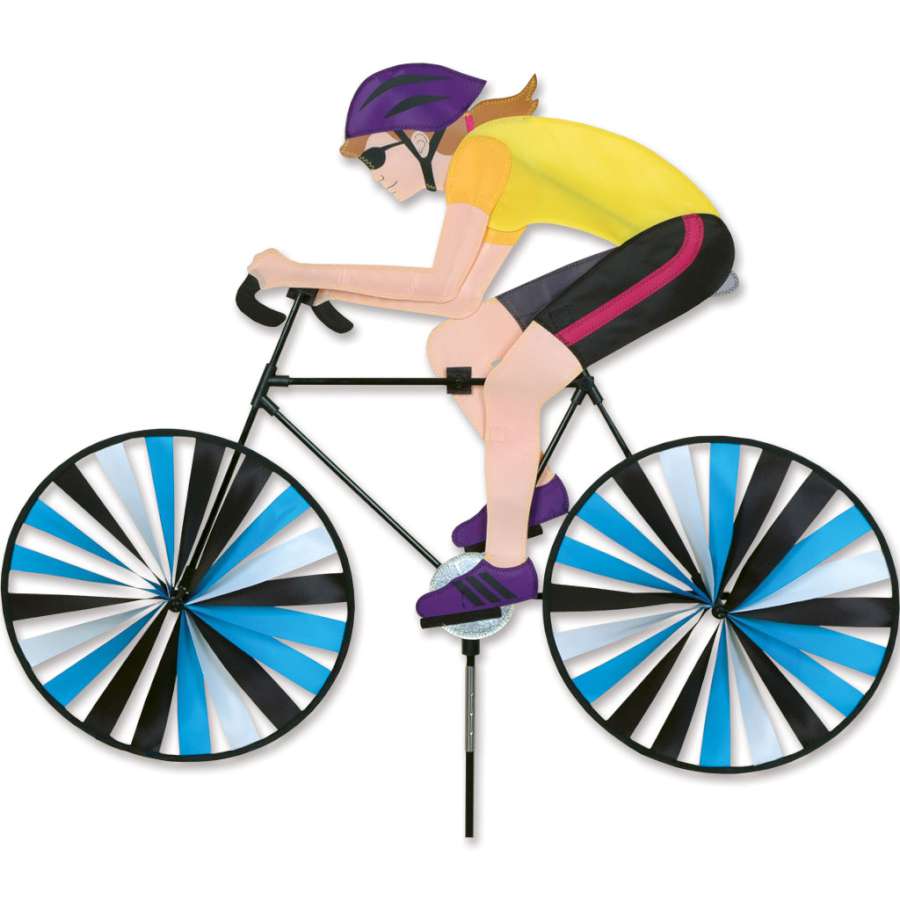 35 in. Road Bike Spinner for women hangs in an outdoor garden, featuring vibrant colors and a beautiful bicycle design, spinning gracefully in the wind.