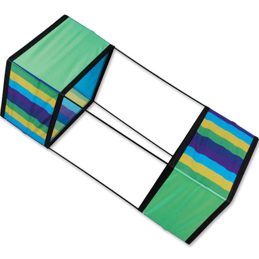 36 in. Box Kite - Cabana soaring in the sky, showcasing a colorful design with a sturdy fiberglass frame and ripstop polyester fabric.
