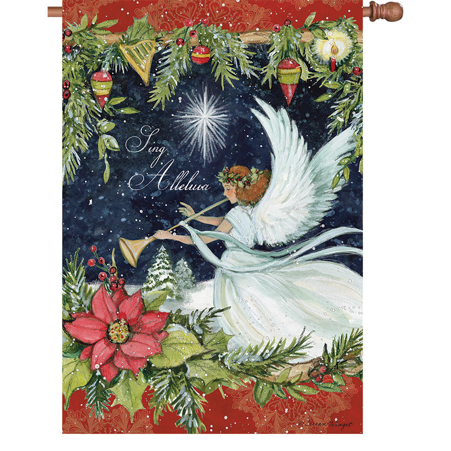 36 in. Elite Oversized House Flag showcasing an Angel with Horn design, beautifully displayed on a flagpole against a winter background.