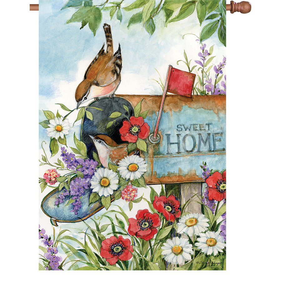 This 36 in. Elite Oversized House Flag features a cheerful bird design set against a mailbox, perfect for enhancing any outdoor area during spring and summer.