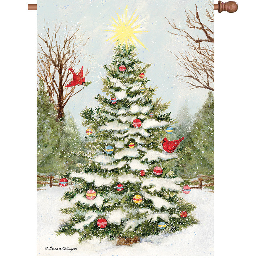 36 in. Elite Oversized House Flag featuring Blessing of Peace Tree design displayed on a flag pole in a festive outdoor setting.