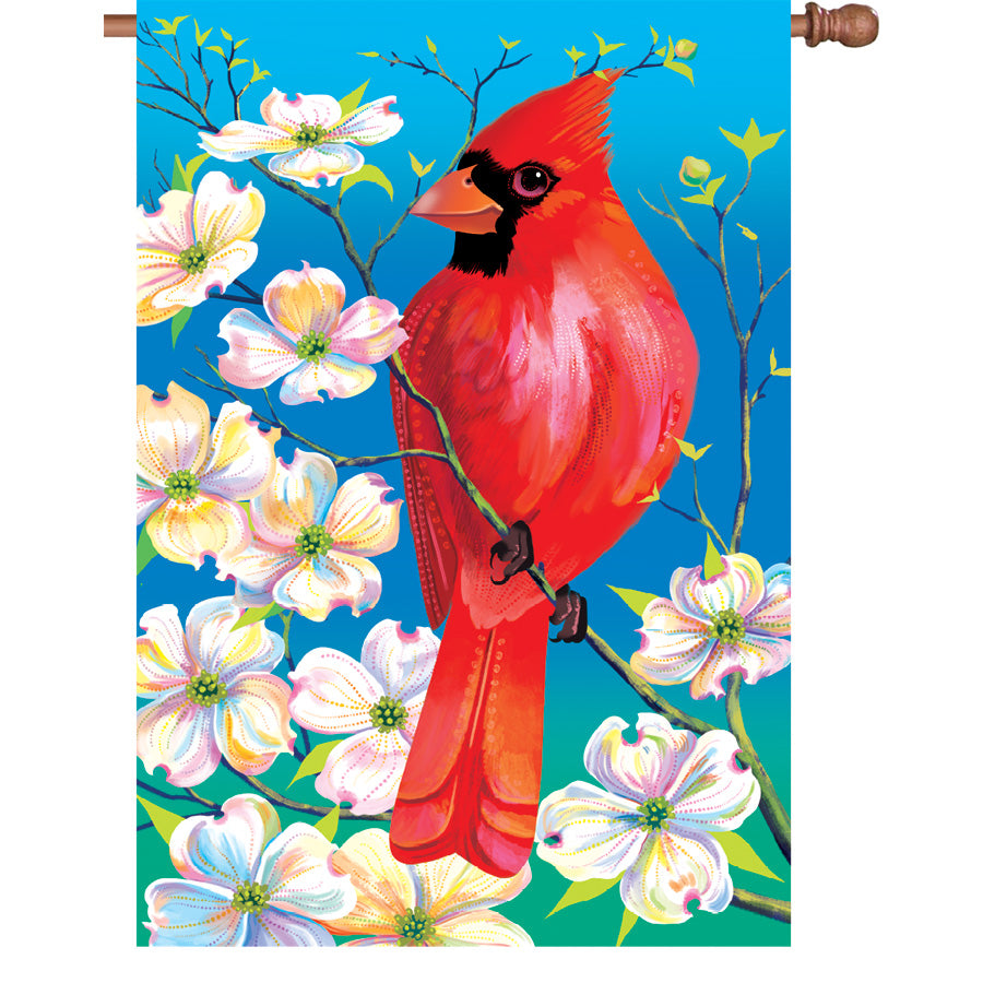 36 in. Elite Oversized House Flag featuring a vibrant Cardinal and Dogwood design, displayed on a flag pole in a sunny garden setting.