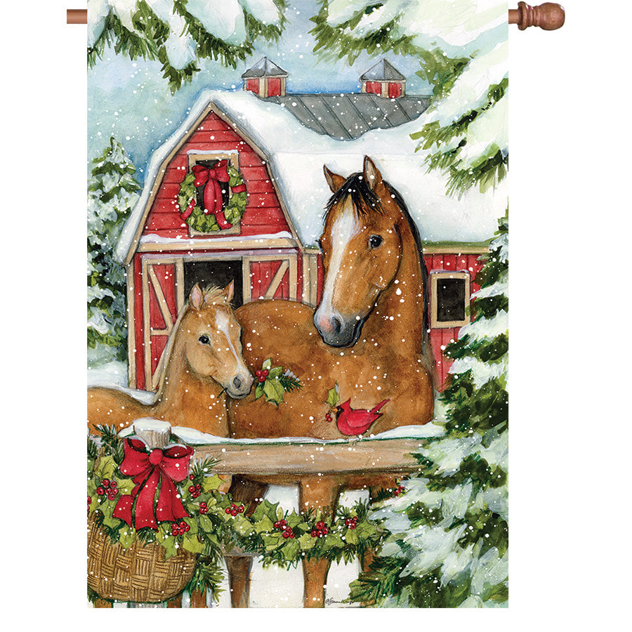 36 in. Elite Oversized House Flag with Christmas horse barn design, fluttering in the wind on a flagpole in a festive outdoor setting.