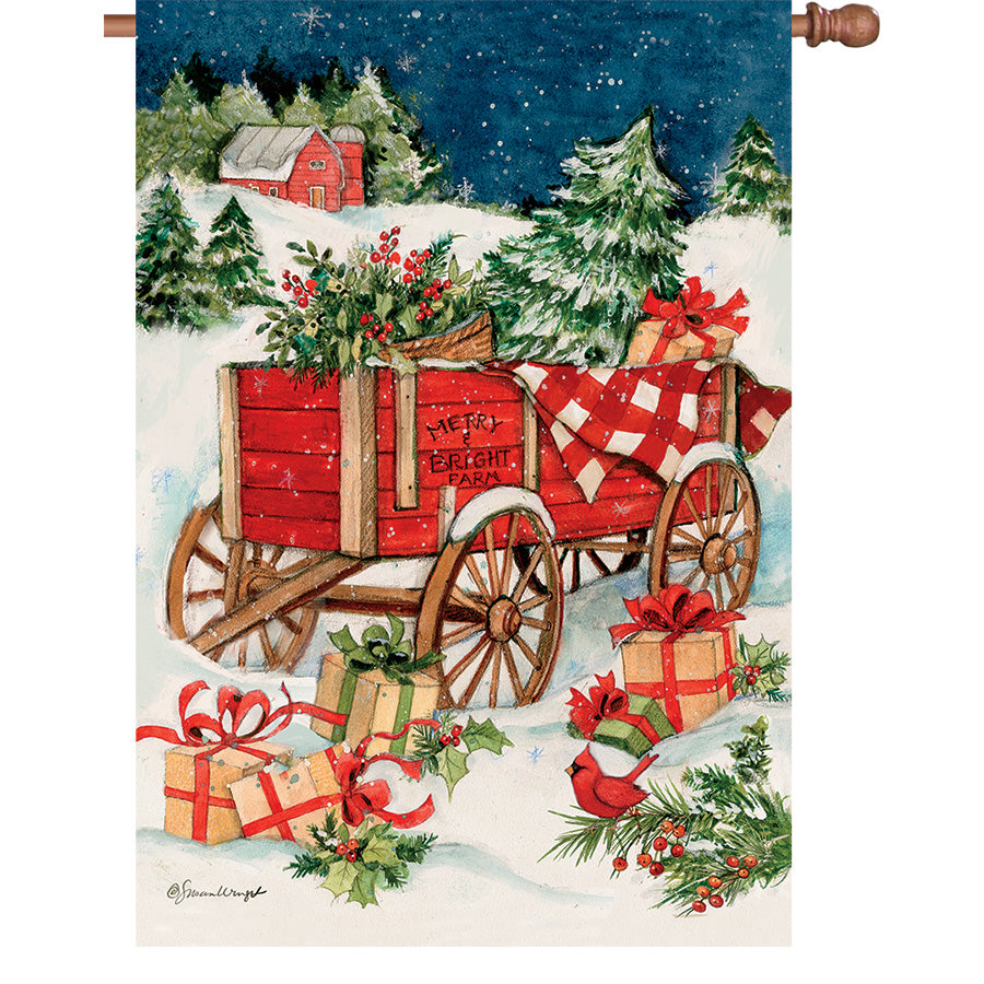 36 in. Elite Oversized House Flag featuring Christmas Wagon design, colorful and soft PremierSoft fabric, perfect for holiday decor.