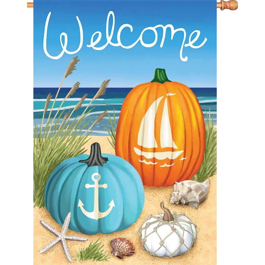 36 in. Elite Oversized House Flag featuring Coastal Pumpkins design, displayed on a flag pole in a cozy garden setting.