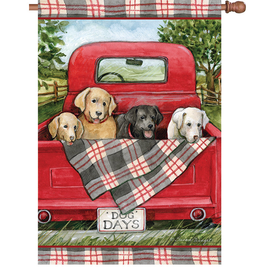 36 in. Elite Oversized House Flag displaying the joyful Dog Days Truck design surrounded by playful animals in a vibrant outdoor setting.