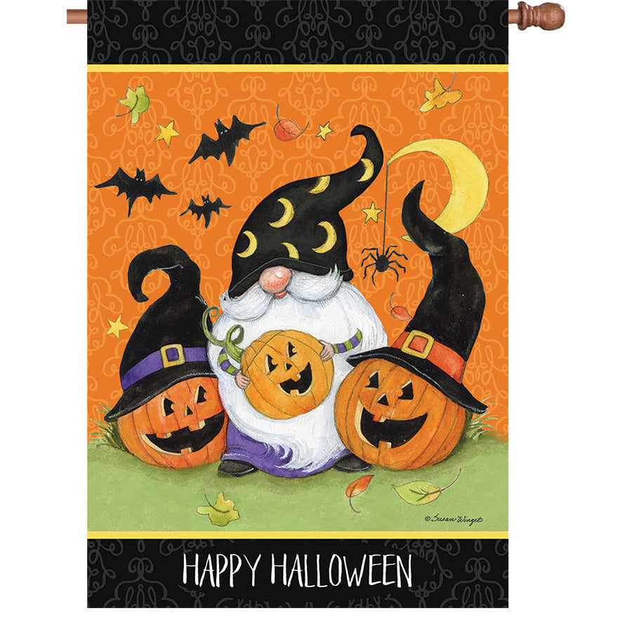36 in. Elite Oversized House Flag featuring whimsical gnome and bats design, displayed on a flagpole in a vibrant garden setting.