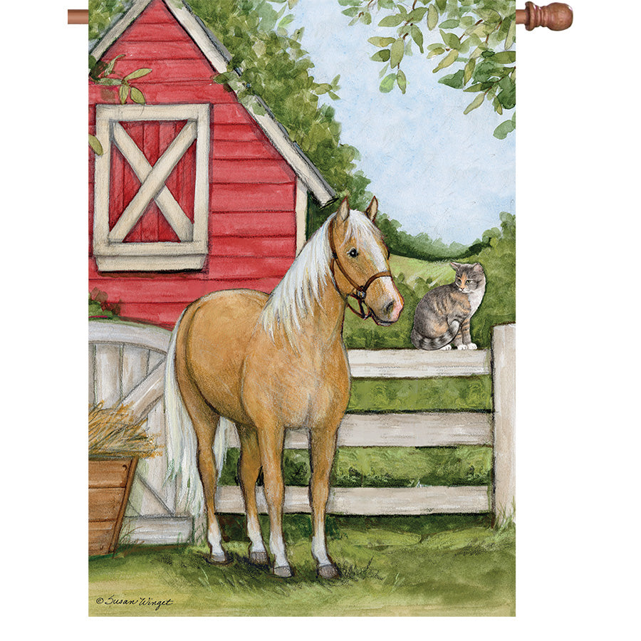 36 in. Elite Oversized House Flag featuring a beautifully detailed Palomino horse design, displayed prominently on a flagpole in an outdoor setting.