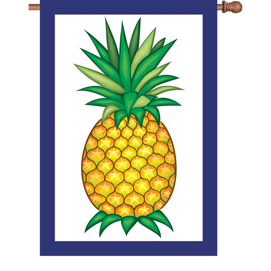 36 in. Elite Oversized House Flag with a vibrant pineapple design displayed on a flag pole, fluttering gently in a summer breeze.