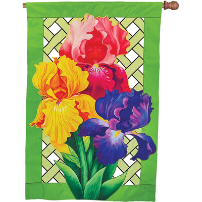 36 in. Elite Oversized Lattice Flag with Bearded Irises design, showcasing vibrant colors, displayed outdoors on a flag pole.