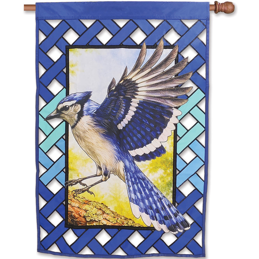Large 36 in. Elite Oversized Lattice Flag featuring a blue jay design, displayed outdoors on a standard flag pole against a clear sky.