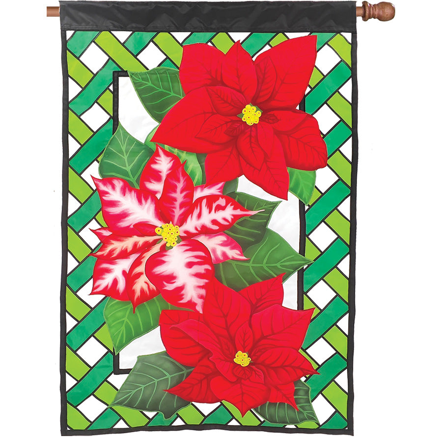 36 in. Elite Oversized Lattice Flag featuring vibrant red Poinsettias displayed on a flag pole, showcasing intricate lattice design in an outdoor setting.