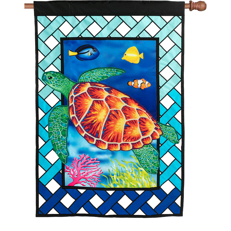 36 in. Elite Oversized Lattice Flag with a vibrant sea turtle design, showcasing intricate lattice work and vibrant colors in an outdoor setting.