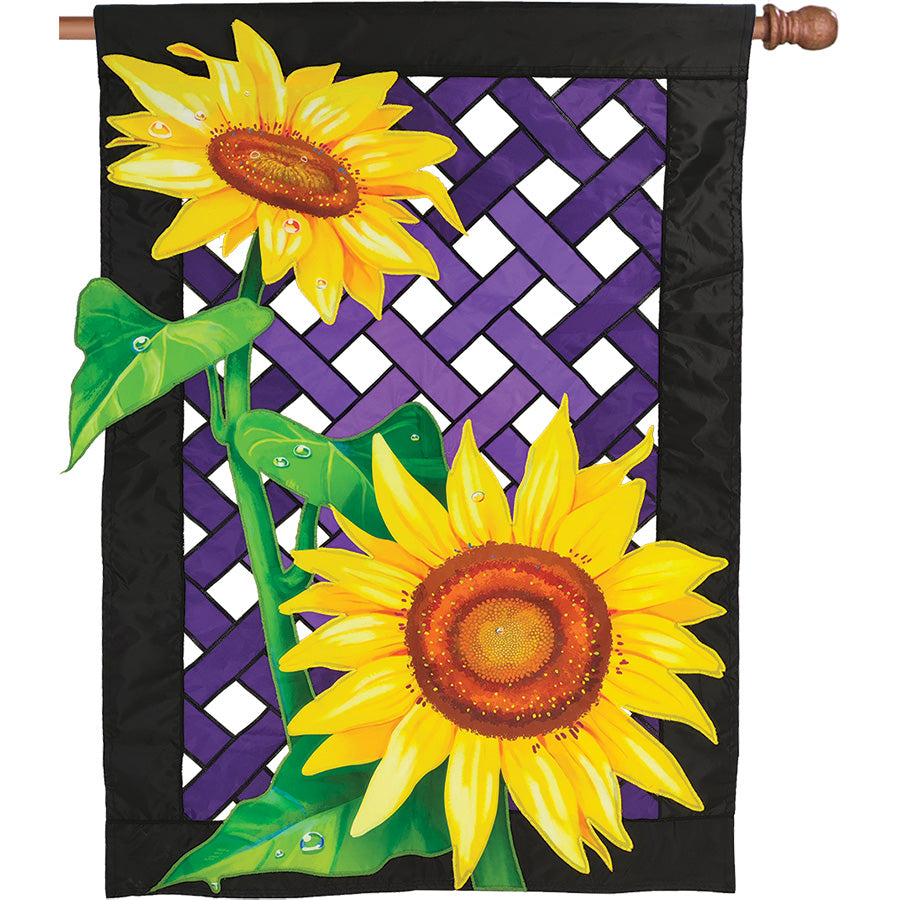 Vibrant 36 in. Elite Oversized Lattice Flag with sunflower design, elegantly displayed on a house flag pole in a sunny garden setting.