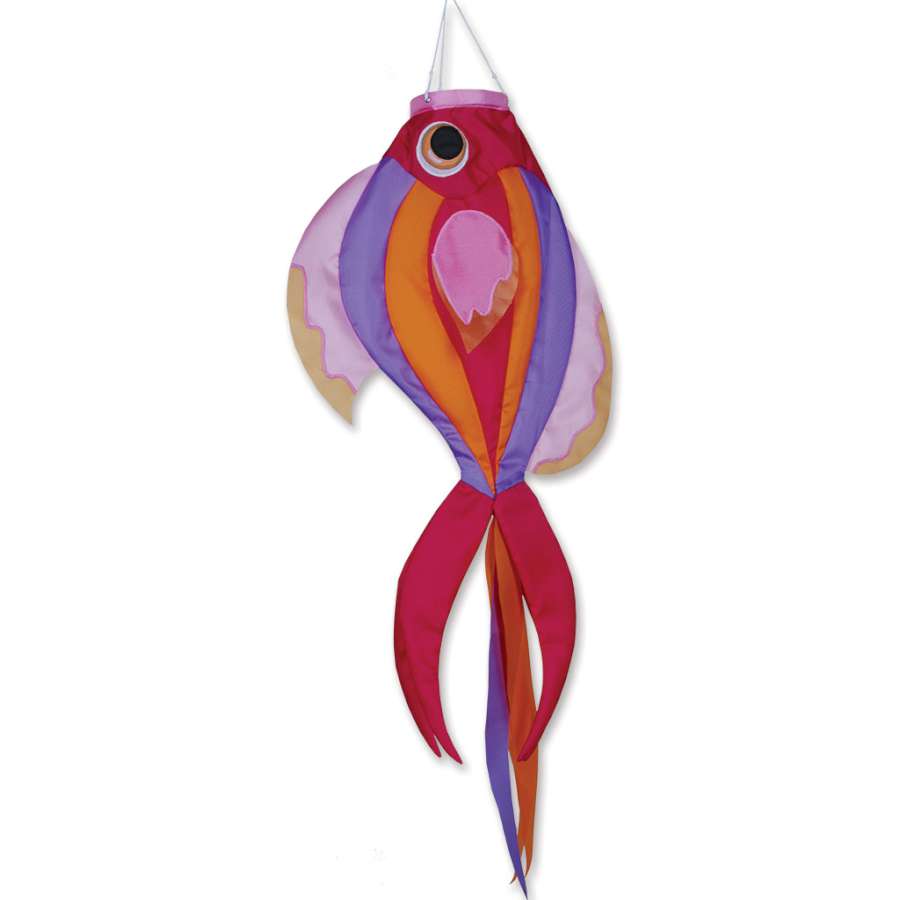 36 in. Exotic Butterfly Fish Windsock in colorful design hanging outdoors, inflating beautifully in a gentle breeze against a clear sky.