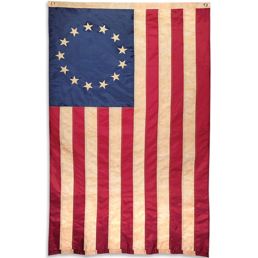 36 in. grommeted Betsy Ross flag displayed with two grommets on a flagpole against a clear sky, showcasing stars and stripes design.