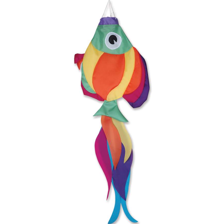 36 in. Rainbow Fish Windsock hanging in a colorful outdoor setting, inflating with a gentle breeze, bright and eye-catching.