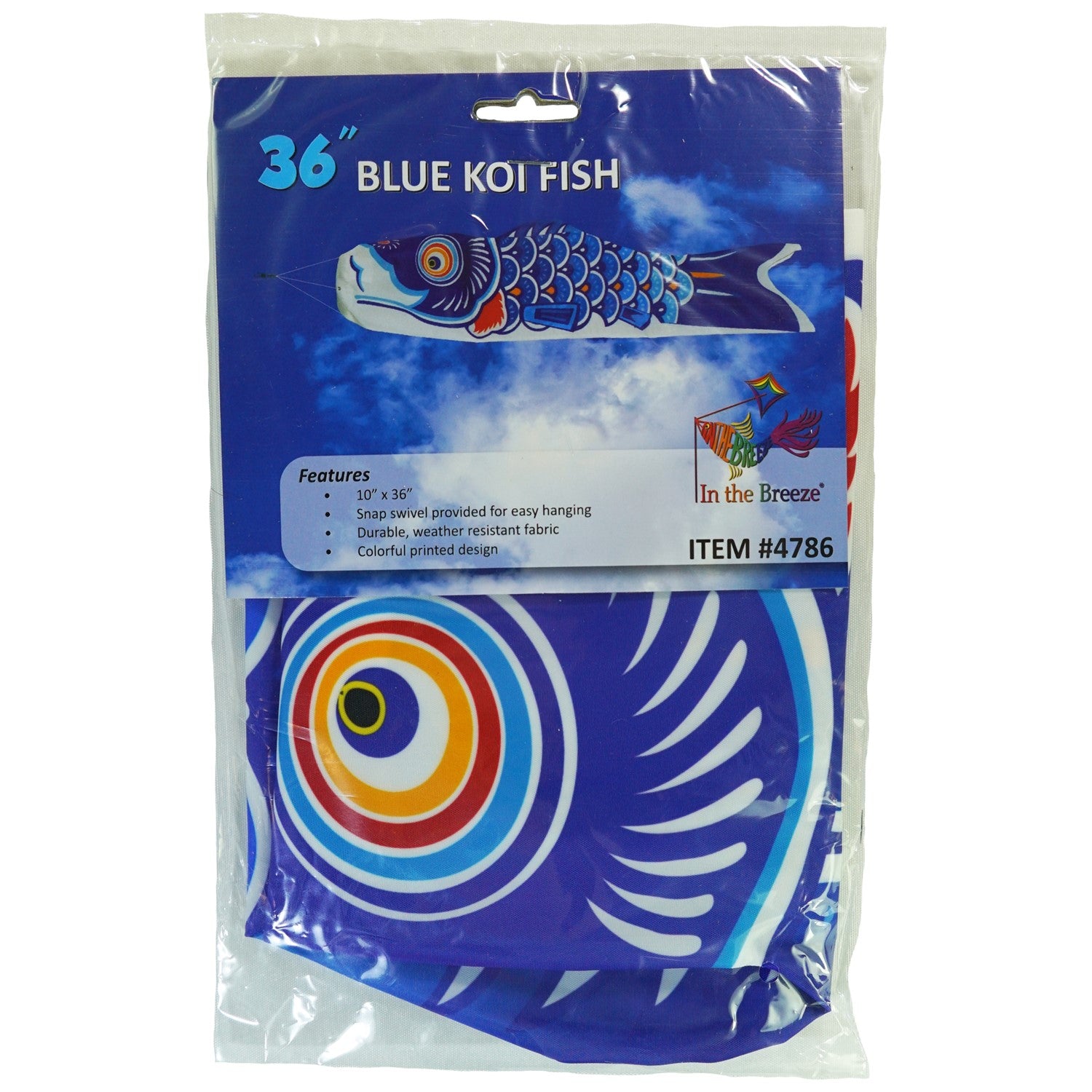 36-inch Blue Koi windsock featuring a colorful Koi fish design hanging gracefully in an outdoor garden setting.