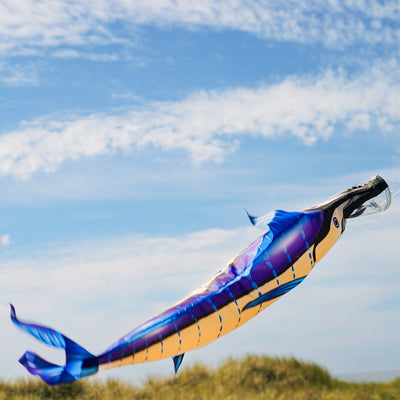 36 inch Marlin Windsock with vibrant colors and realistic design showcased outdoors, fluttering in the wind, ideal for fishing enthusiasts.