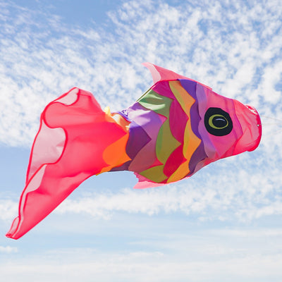 Colorful 36" Soft Overlay Fish windsock with detailed applique design and embroidered accents hanging from a tree in an outdoor setting.