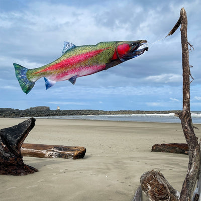 36-inch Trout Windsock featuring a colorful rainbow trout design, perfect for outdoor decoration in a garden or fishing area.