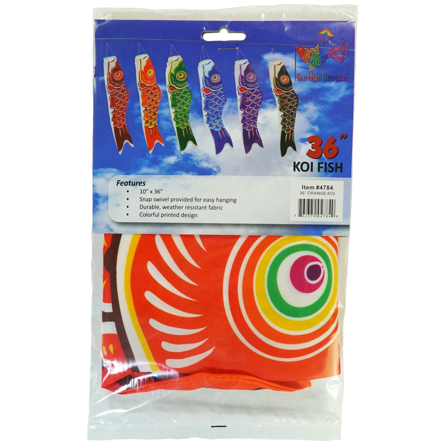 36-inch vibrant Orange Koi windsock, crafted from weather-resistant fabric, elegantly displayed in a garden setting to add color and charm.