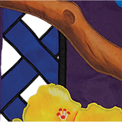 36 in. Elite Oversized Lattice Flag - 5 O'Clock Somewhere hanging from a standard flag pole in a sunny garden setting.