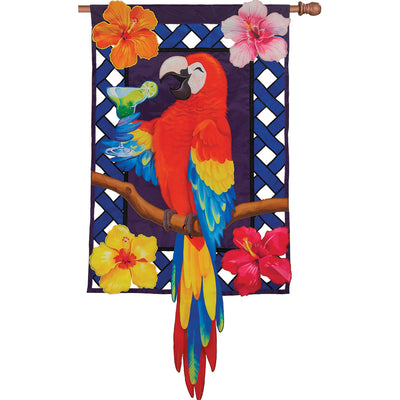 36 in. Elite Oversized Lattice Flag - 5 O'Clock Somewhere hanging from a standard flag pole in a sunny garden setting.