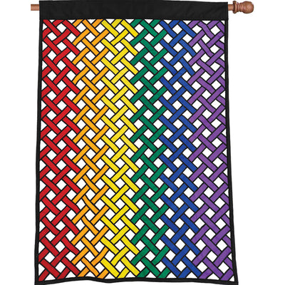 36 in. Elite Oversized Lattice Flag in rainbow mesh showcasing intricate lattice panels, displayed on a standard outdoor flag pole.