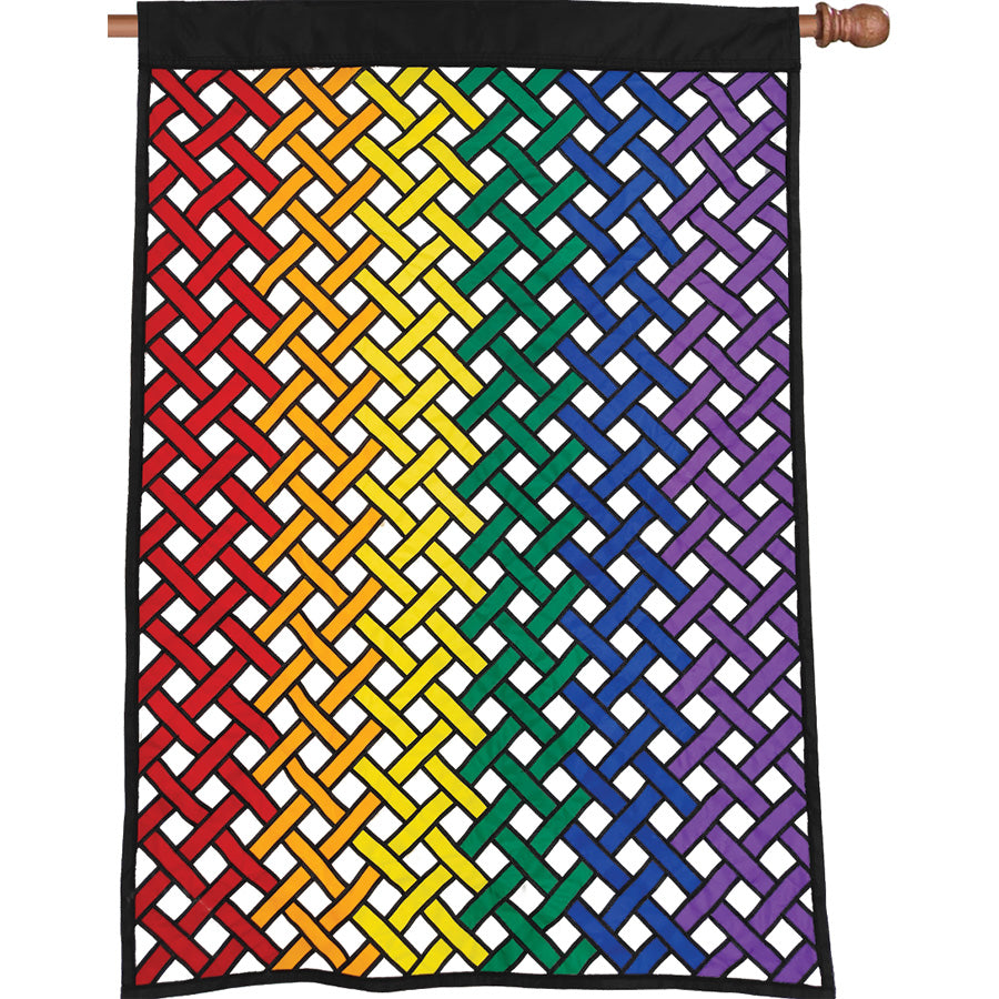 36 in. Elite Oversized Lattice Flag in rainbow mesh showcasing intricate lattice panels, displayed on a standard outdoor flag pole.