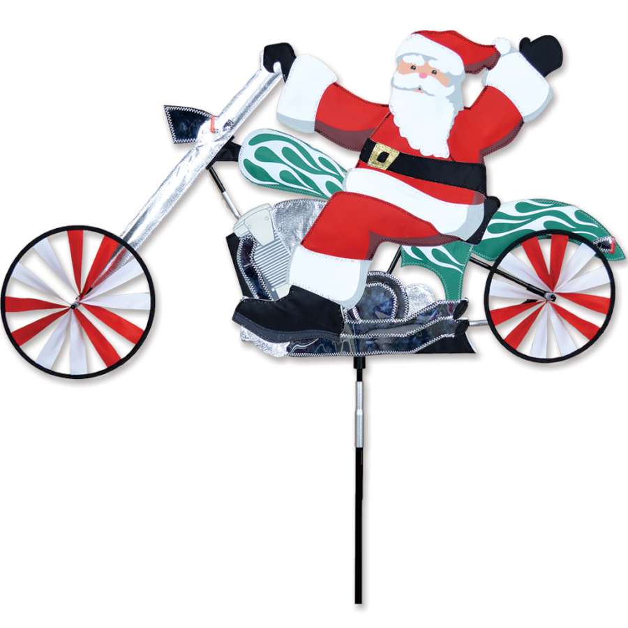 A colorful 37 in. Chopper Motorcycle Spinner displayed outdoors, showcasing its vibrant motorcycle design and spinning in the breeze.