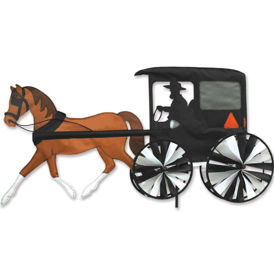 37 in. Horse & Buggy Spinner with vibrant colors displaying a vintage horse-drawn carriage design, elegantly spinning in a garden setting.