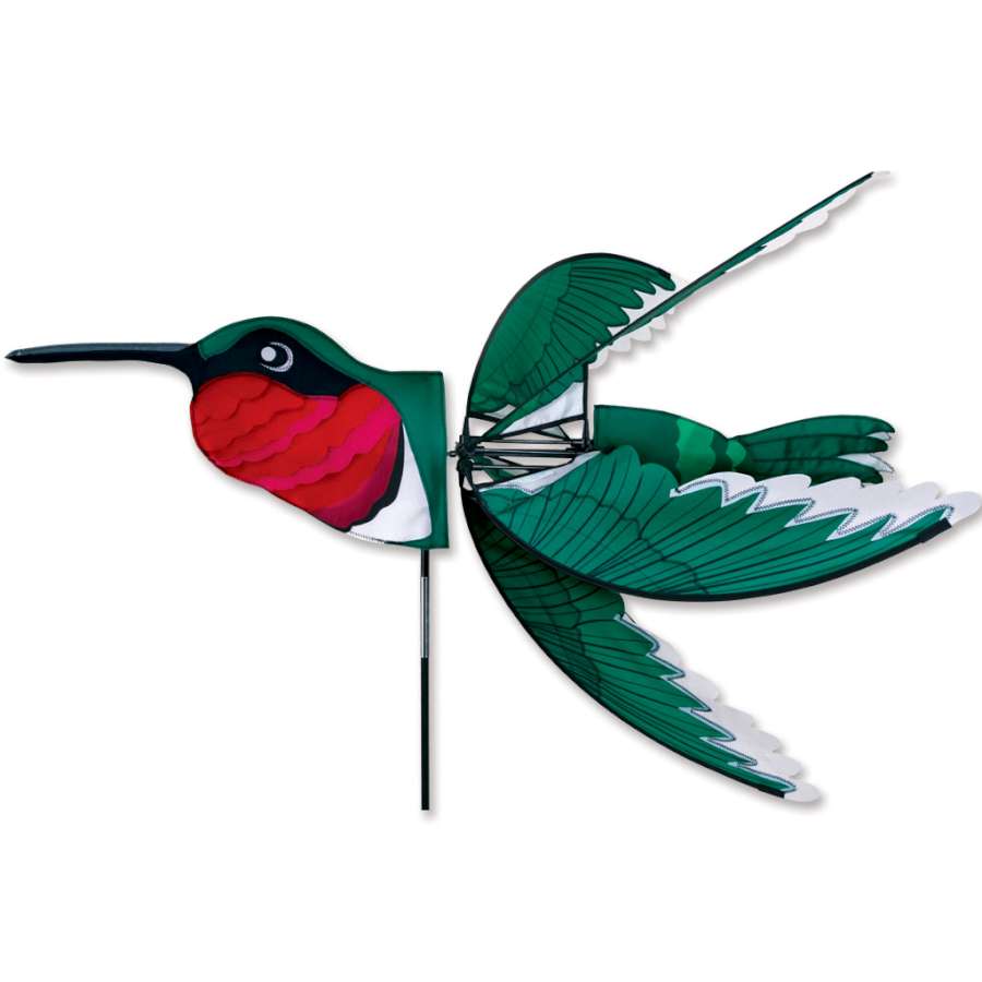 37 inch ruby throat hummingbird spinner with vibrant colors, gracefully spinning in a garden setting, adding dynamic beauty outdoors.