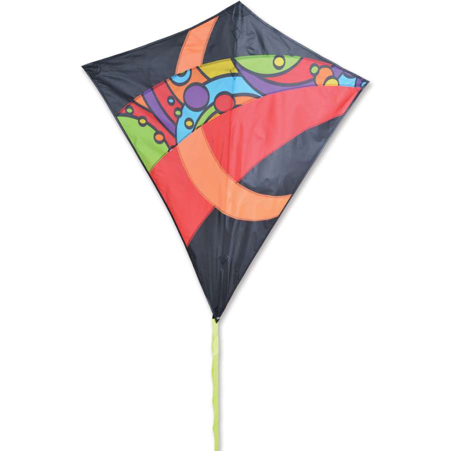38 in. Travel Diamond Kite - Orbit Tron soaring in a clear blue sky, showcasing its vibrant colors and 10-foot streamer beneath it.