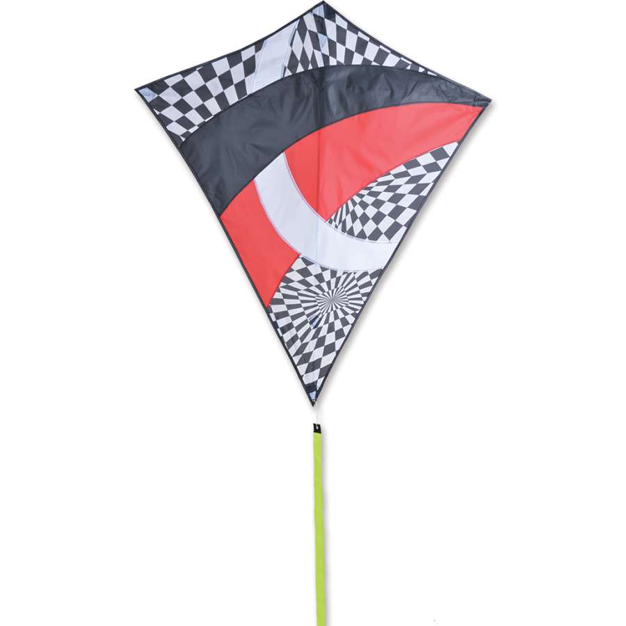 38 in. Travel Diamond Kite - Tecmo Tron, bright colors, 10-ft streamer flying against a clear blue sky, perfect for outdoor activities.