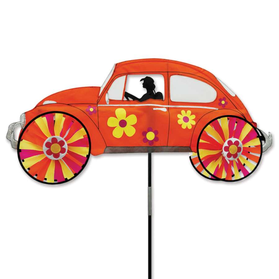 38 in. VW Hippie Mobile Spinner displaying colorful designs of vintage Volkswagen cars spinning in an outdoor garden setting.