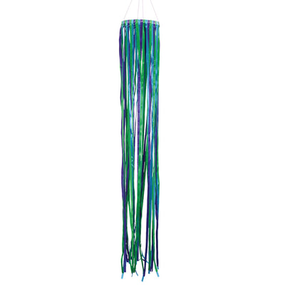 39-inch Ocean Ribbon Windsock featuring vibrant blue, green, and purple satin ribbons elegantly flowing around a PVC hoop in motion outdoors.