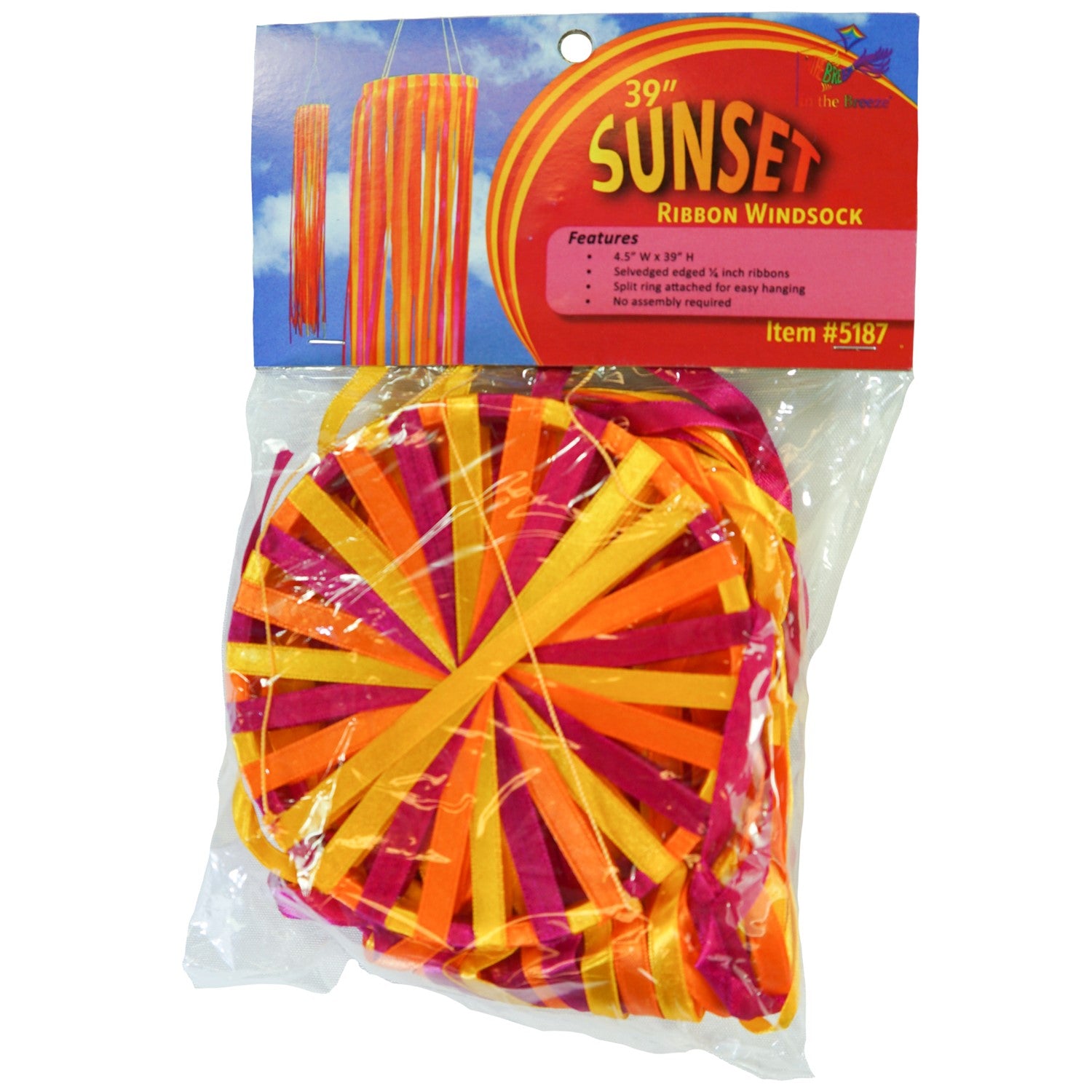 39-inch Sunset Ribbon Windsock featuring vibrant satin ribbons in fuchsia, orange, and yellow displayed outdoors, swaying gently in the wind.