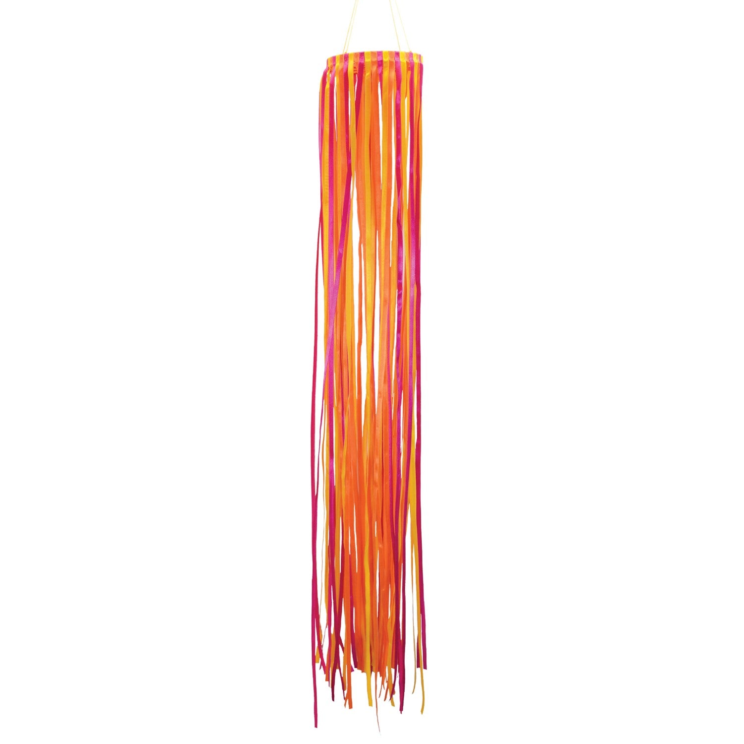 39-inch Sunset Ribbon Windsock featuring vibrant satin ribbons in fuchsia, orange, and yellow displayed outdoors, swaying gently in the wind.
