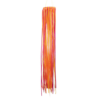 39-inch Sunset Ribbon Windsock featuring vibrant satin ribbons in fuchsia, orange, and yellow displayed outdoors, swaying gently in the wind.